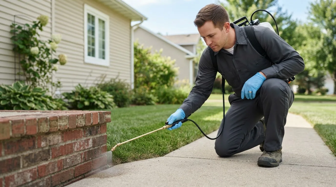 Pest control technician treating a home near Pomona, CA